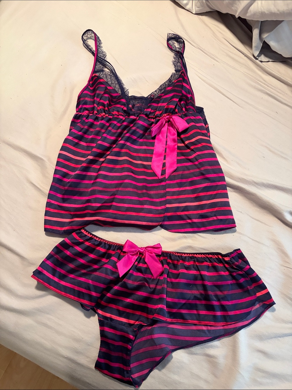Victoria's Secret Navy & Hot Pink Striped Lace-Trim Cami and Shorts Set